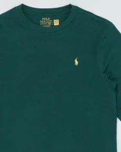 T-shirt Ralph Lauren a manica lunga verde bottiglia in puro cotone con logo pony giallo
