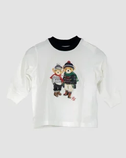 T-shirt Ralph Lauren bianca in cotone a maniche lunghe con polsini e stampa orsetti