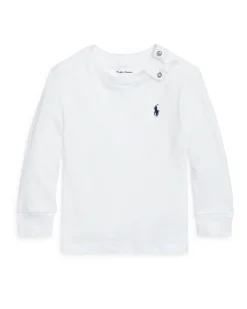T-shirt Ralph Lauren bianca manica lunga in cotone con logo pony blu 9-24 mesi