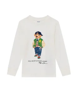 T-shirt Ralph Lauren bianca in cotone con maxi stampa orsetto e maniche lunghe