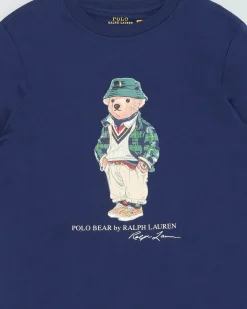 T-shirt Ralph Lauren blu manica lunga in puro cotone con maxi stampa Polo Bear frontale S-XL