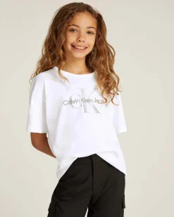 T-shirt relaxed fit Calvin Klein bianca in cotone con logo monogram glitterato
