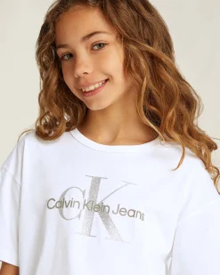 T-shirt relaxed fit Calvin Klein bianca in cotone con logo monogram glitterato