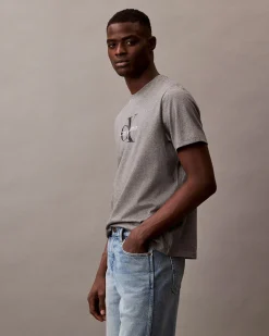 T-shirt relaxed-fit Calvin Klein Jeans grigia in cotone con logo monogramma ricamato frontale