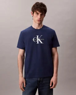 T-shirt relaxed-fit Calvin Klein Jeans blu in cotone con logo monogramma ricamato frontale