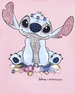T-Shirt rosa Monnalisa a maniche lunghe con stampa Stitch e strass fronte e retro