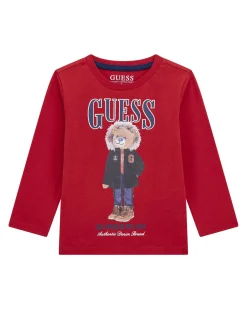 T-shirt rossa Guess a maniche lunghe con stampa orsetto e maxi scritta logo