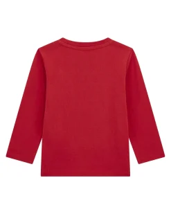 T-shirt rossa Guess a maniche lunghe con stampa orsetto e maxi scritta logo