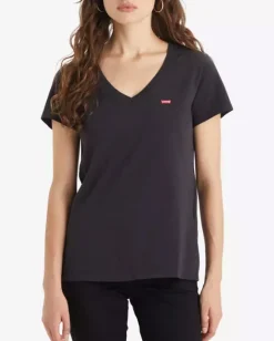 T-shirt scollo a V nera in puro cotone con micro-logo batwig rosso ricamato sul petto