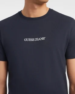 T-shirt slim mezza manica Guess jeans blu in puro cotone con logo scritta