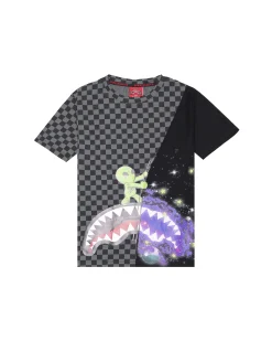 T-shirt Sprayground nera e grigia checkered con cosmo e alieno