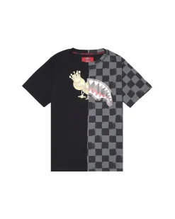 T-shirt Sprayground nera e grigia checkered con astroman