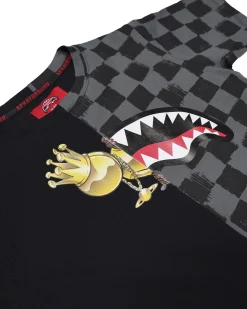 T-shirt Sprayground nera e grigia checkered con astroman