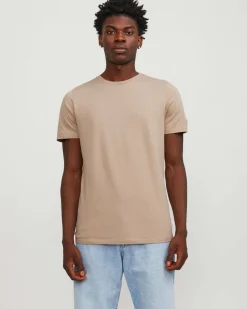 T-shirt tinta unita beige regular-fit in puro cotone con scollo a giro