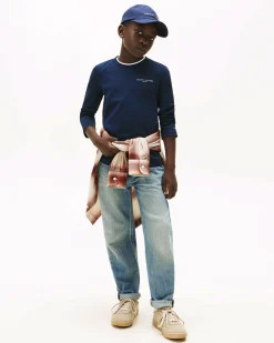 T-shirt Tommy Hilfiger blu in puro cotone a maniche lunghe e scritta logo