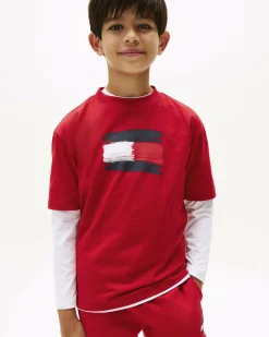 T-shirt Tommy Hilfiger rossa in puro cotone con bandiera logo spennellata