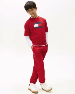 T-shirt Tommy Hilfiger rossa in puro cotone con bandiera logo spennellata