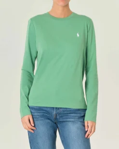 T-shirt verde menta in cotone a maniche lunghe con scollo tondo e logo ricamato su petto