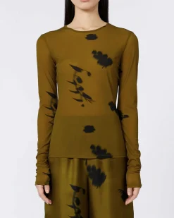 T-shirt verde oliva a maniche lunghe in tulle MM Max Mara a motivo floreale stampato