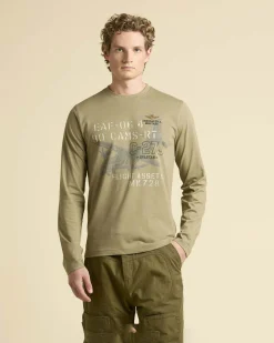 T-shirt verde salvia manica lunga Aeronautica Militare con stampa aereo