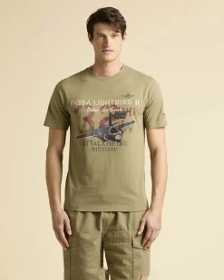 T-shirt verde salvia mezza manica Aeronautica Militare con stampa aereo