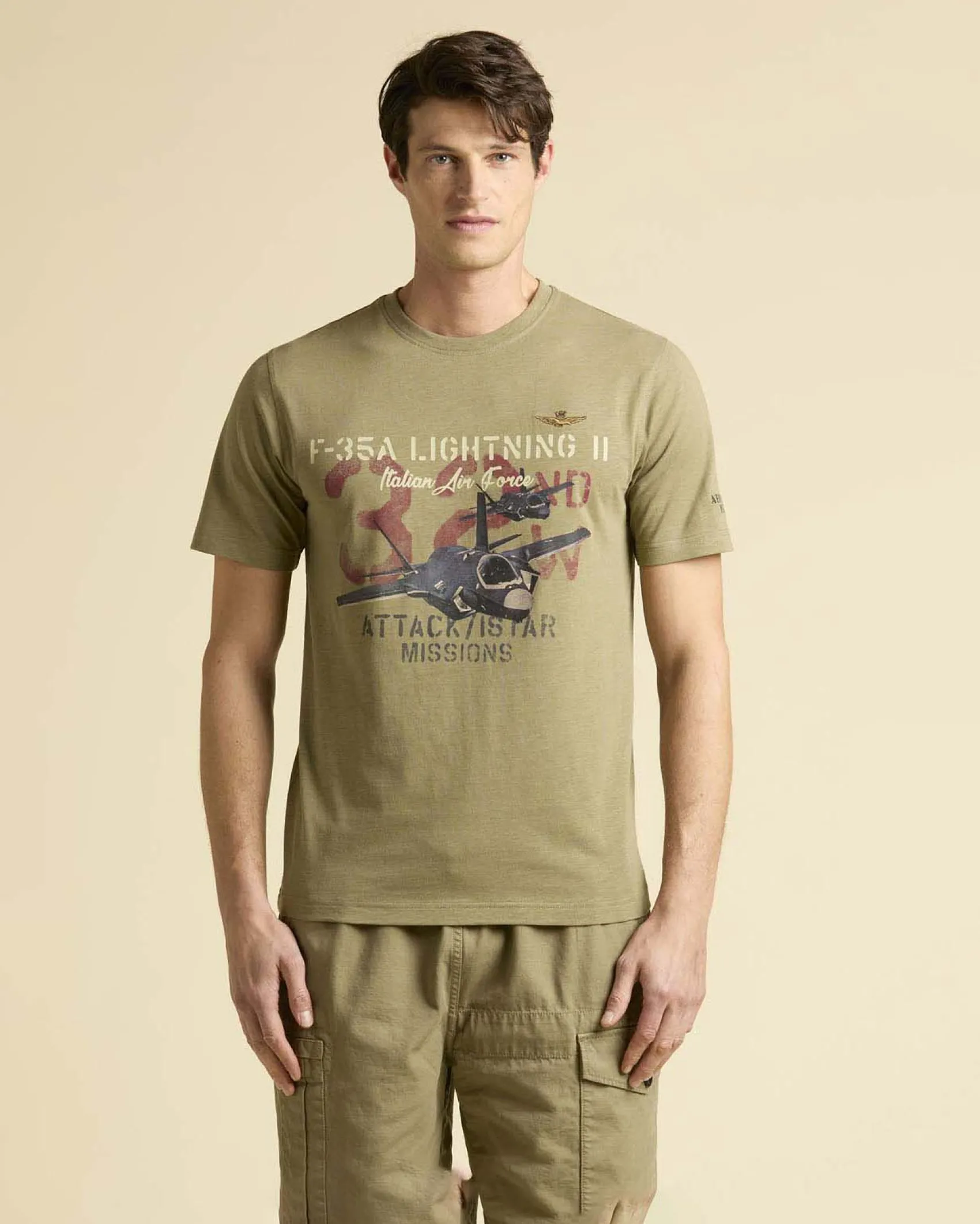 T-shirt verde salvia mezza manica Aeronautica Militare con stampa aereo