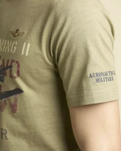 T-shirt verde salvia mezza manica Aeronautica Militare con stampa aereo