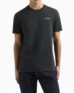 T-shirt verde scuro a mezza manica tinta unita con logo piccolo stampato sul petto