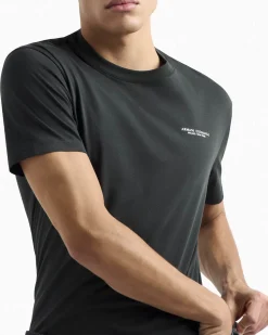T-shirt verde scuro a mezza manica tinta unita con logo piccolo stampato sul petto