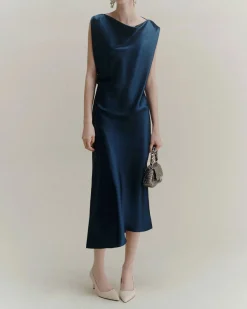 Tubino midi blu Marella in raso con scollo drappeggiato