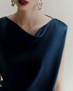 Tubino midi blu Marella in raso con scollo drappeggiato
