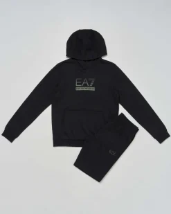 Tuta EA7 in felpa di puro cotone garzato nera con logo verde militare