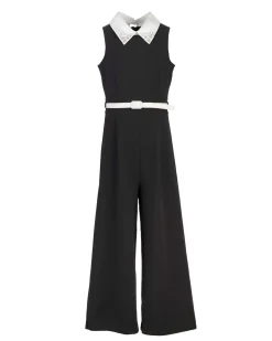 Tuta Elsy nera in tessuto stretch smanicato con colletto con perle