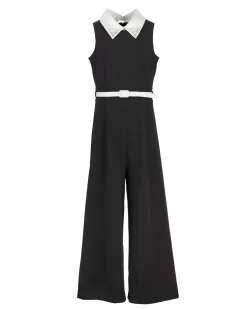 Tuta Elsy nera in tessuto stretch smanicato con colletto con perle