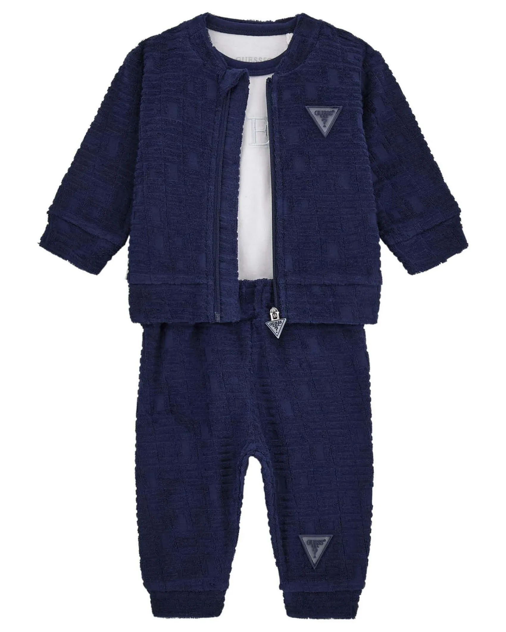 Tuta Guess con body in ciniglia di puro cotone blu e bianco