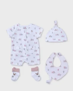 Tutina bianca e rosa con set 3 pezzi bavaglino calzini e cappellino coordinati
