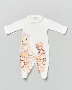Tutina bianca in cotone a maniche lunghe con stampa orsette