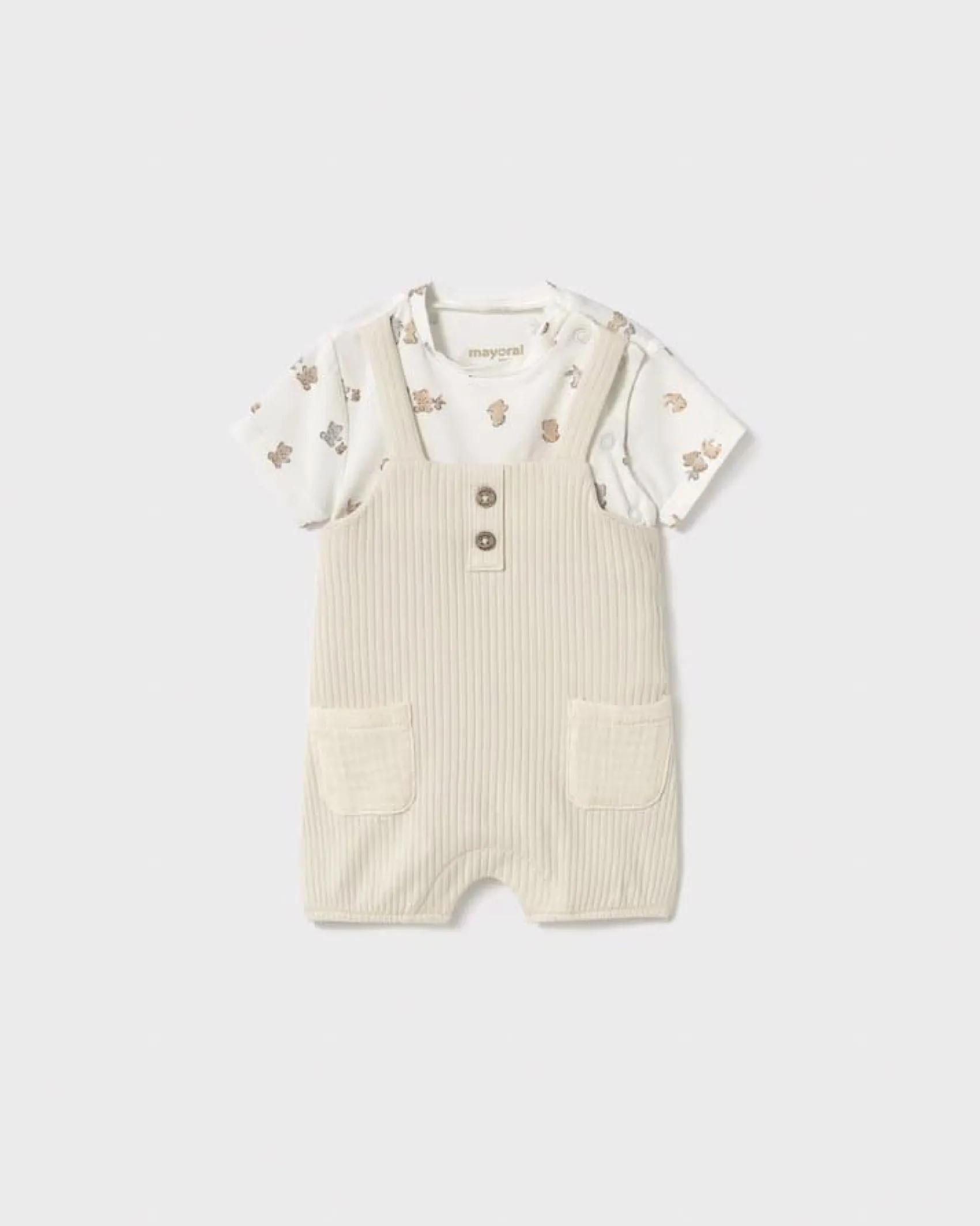 Tutina color panna con salopette a costine e fantasia animaletti