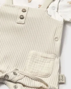 Tutina color panna con salopette a costine e fantasia animaletti