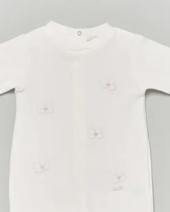 Tutina Lalalù avorio in cotone stretch con fiori rosa ricamati