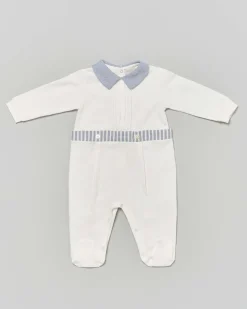 Tutina Lalalù avorio in cotone stretch con colletto e dettagli azzurri