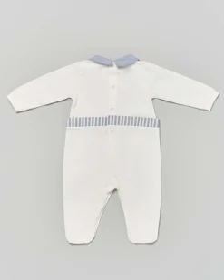 Tutina Lalalù avorio in cotone stretch con colletto e dettagli azzurri