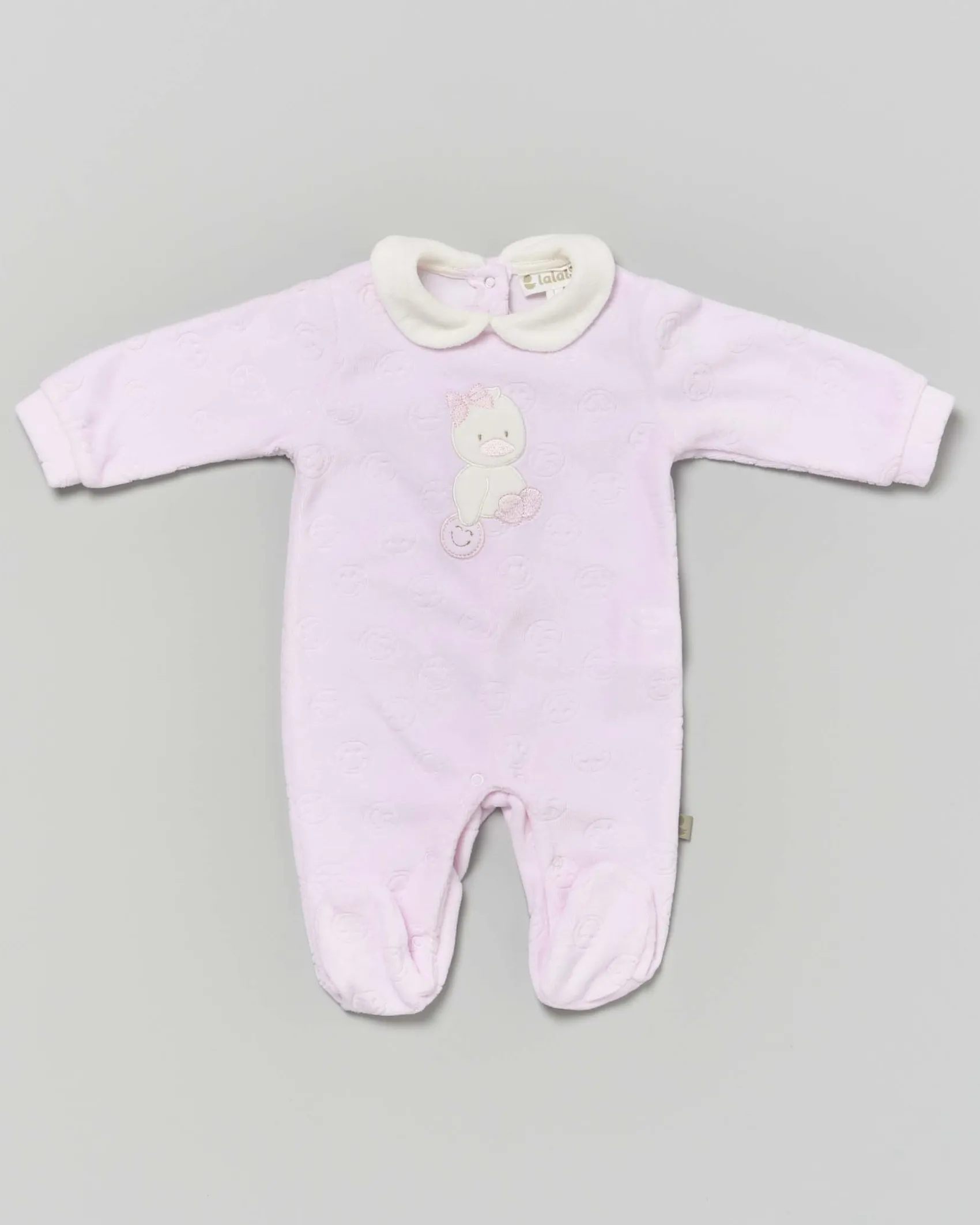 Tutina Lalalù rosa in ciniglia con paperella e motivo smiles