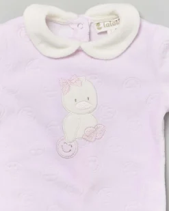 Tutina Lalalù rosa in ciniglia con paperella e motivo smiles