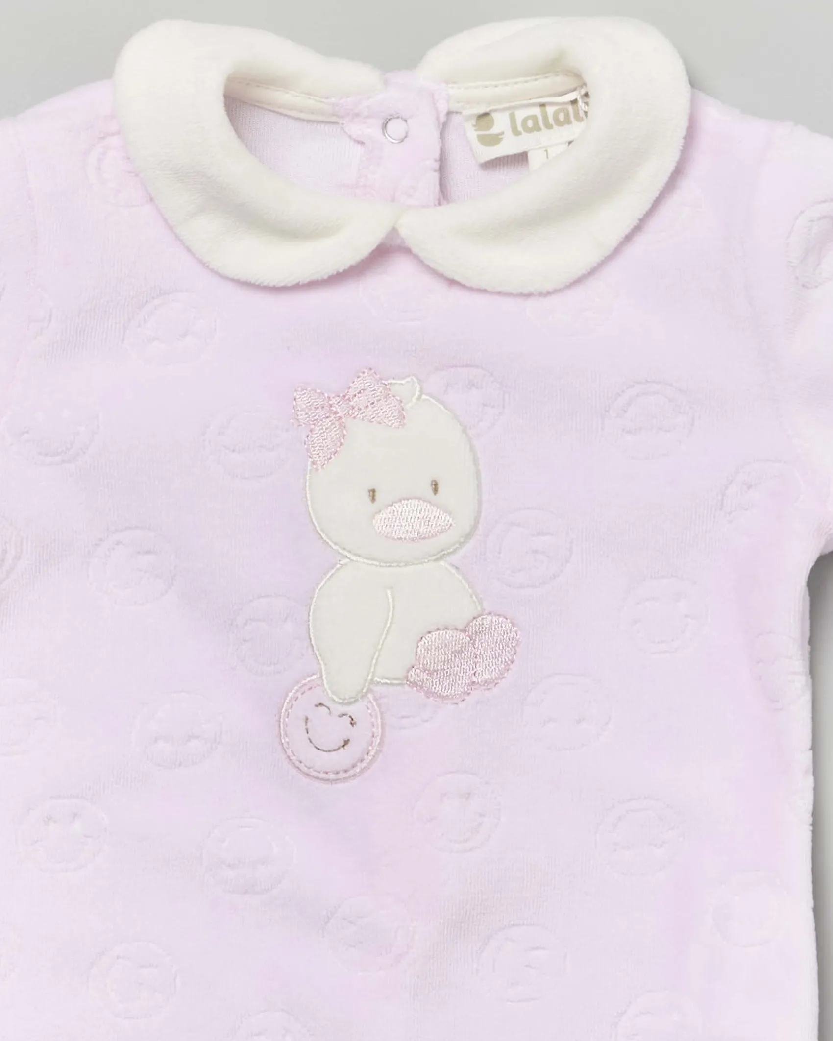 Tutina Lalalù rosa in ciniglia con paperella e motivo smiles