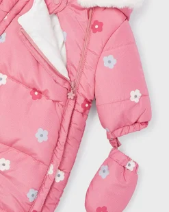 Tutina Mayoral imbottita rosa antico con cappuccio con pelliccia e fantasia a fiorellini