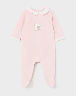 Tutina Mayoral rosa in velluto a maniche lunghe con patch uccellino