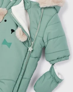 Tutina Mayoral salvia termica con cappuccio fisso con pelliccia e fantasia orso con manicotti e scarpine