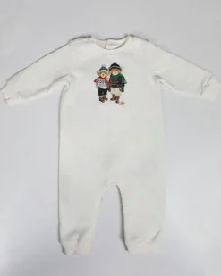 Tutina Ralph Lauren bianca in misto cotone a maniche lunghe con stampa coppia orsetti