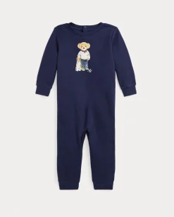 Tutina Ralph Lauren blu in misto cotone con stampa orsetto